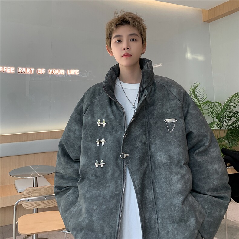 港风立领PU皮复古做旧面料金属飞机扣设计棉衣男MY77726P148控198，男装棉衣，星座227-7