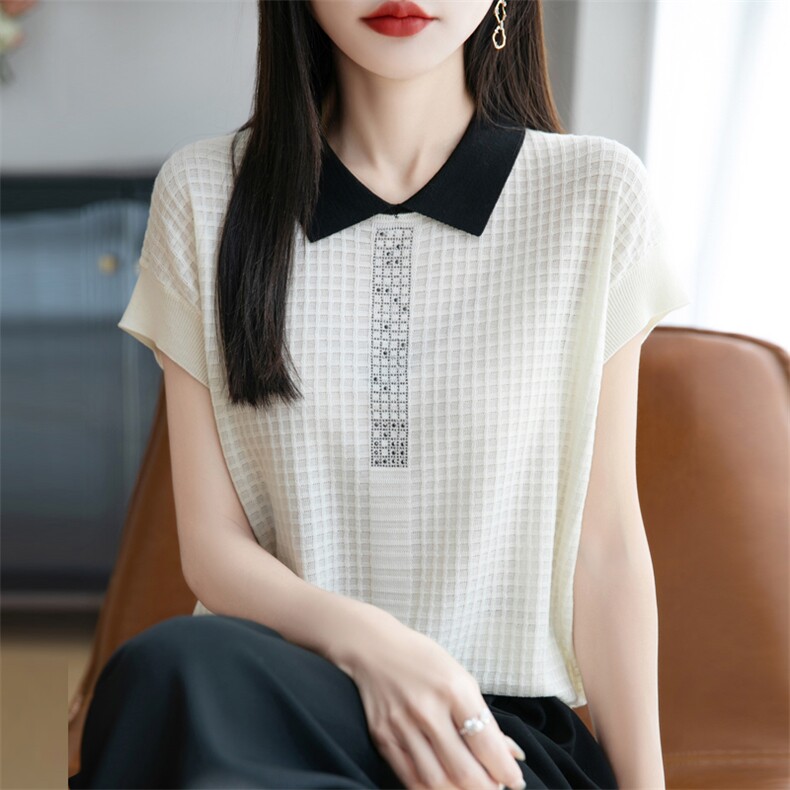莱赛尔天丝撞色短袖T恤女宽松娃娃脸减龄t恤半袖衫气质烫钻上衣夏,女装T恤,九嘉羊绒