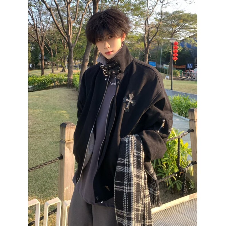 十字架贴皮刺绣翻领外套男款春秋季宽松撞色拼接夹克J6205,男装夹克,星座1116A（原606A-3）