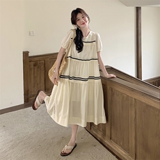 慵懒风休闲条纹拼接连衣裙女2025夏季新款韩系减龄度假木耳边长裙，女装连衣裙，2C012