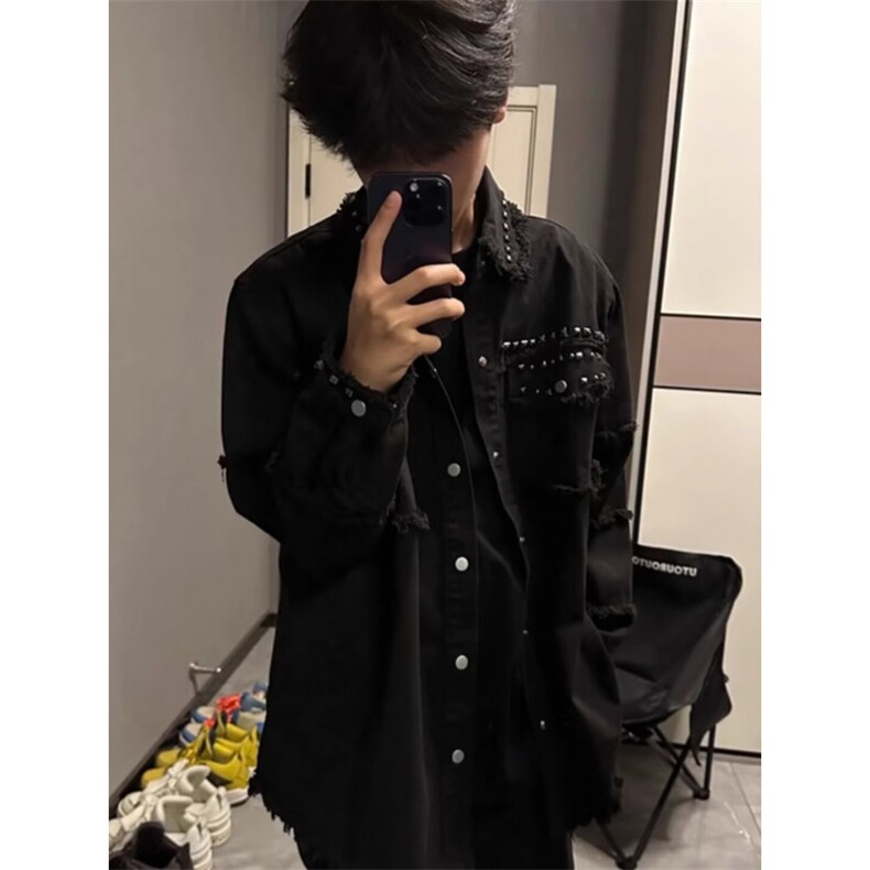 cleanfit黑色短款外套男潮高级感痞帅小众设计感流苏铆钉牛仔夹克,男装夹克,星座506A
