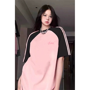 抖音得物品质二开240克宽松纯棉美式潮牌插肩三杠织带短袖T恤图片