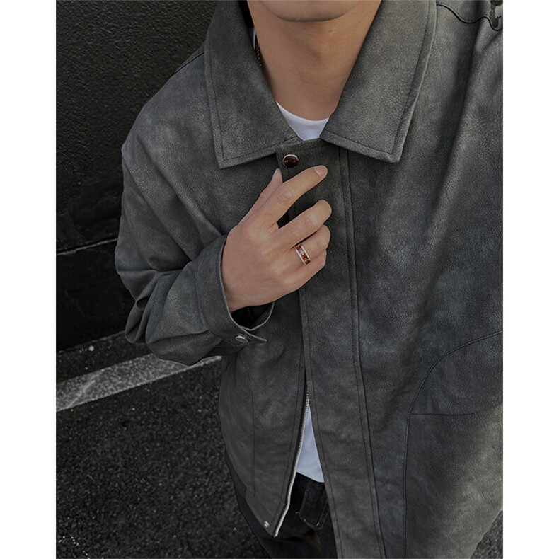 春秋外景炸街痞帅青年皮衣翻领外套男潮宽松情侣机车夹克J01/P100,男装夹克,电商B209