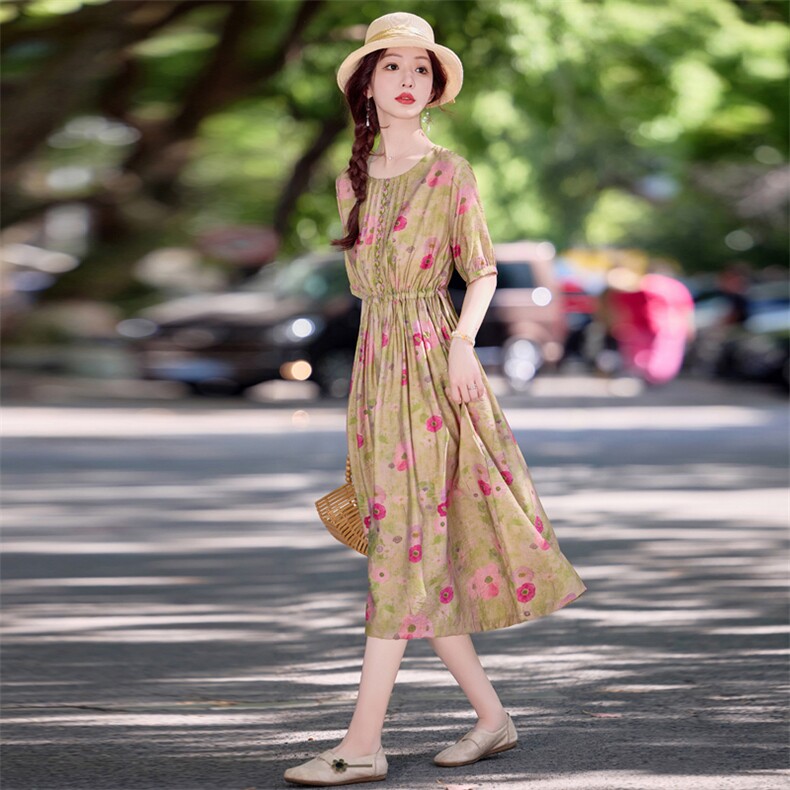 天丝麻印花连衣裙女2025夏季新款气质时尚收腰显瘦减龄中长款裙子,女装连衣裙,涵墨
