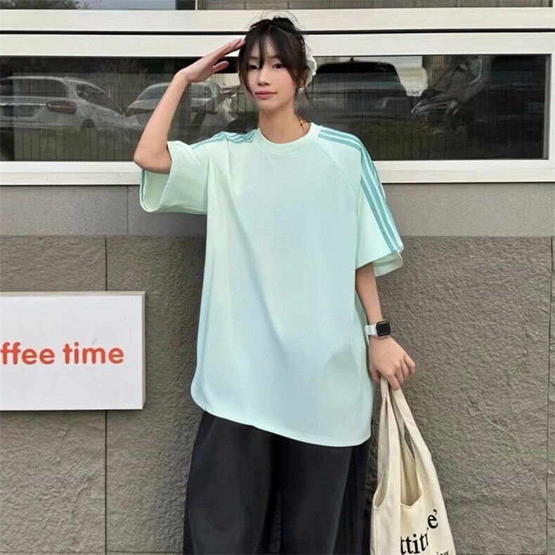 抖音得物品质二开240克宽松纯棉美式潮牌印花三条杠中性风短袖T恤,男装T恤,电商A486-1