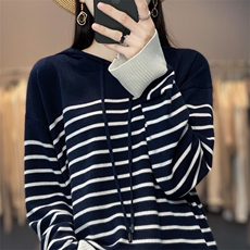 春季新款连帽精纺羊毛衫女帽衫长袖宽松设计感条纹毛衣针织衫卫衣，女装针织衫/毛衣，雪真羊绒