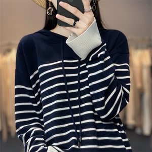 春季新款连帽精纺羊毛衫女帽衫长袖宽松设计感条纹毛衣针织衫卫衣图片