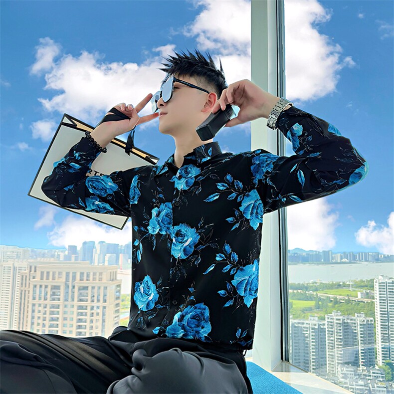 ACS108/P58控88夏季社会小伙小众蓝色玫瑰花设计感长袖衬衫男黑色,男装衬衫,星座305B-1