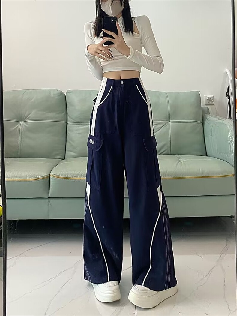 美式复古阔腿拼色休闲裤男女秋季潮流潮牌垂坠慵懒风长裤子P68,男装休闲裤,四季星座218-1