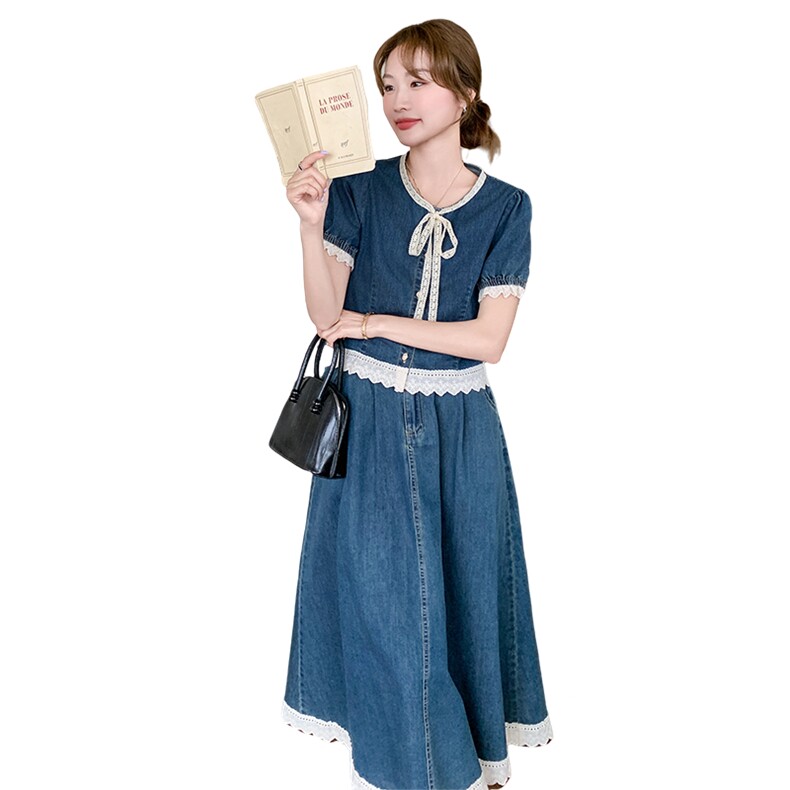 牛仔套装裙女2025夏季新款洋气减龄显瘦蕾丝拼接短袖上衣半身裙潮,女装套装/套裙,2D044