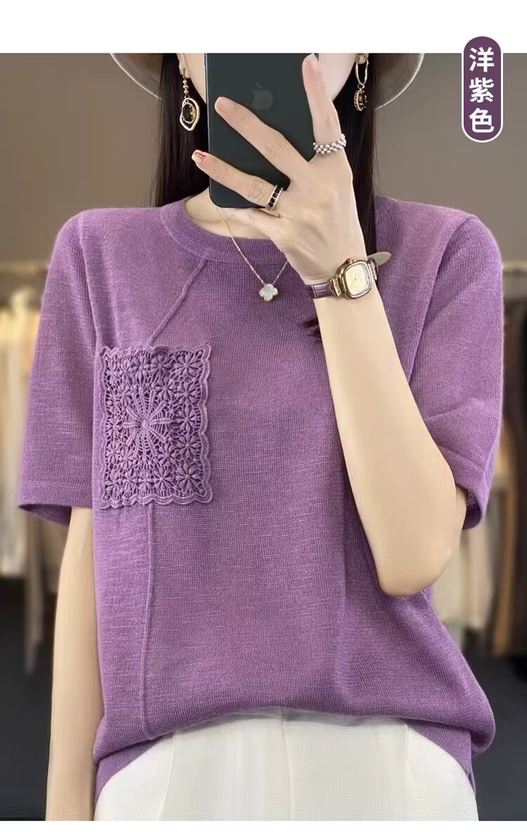 夏季薄款竹节麻短袖韩版冰丝t恤女针织衫时尚上衣设计感小众外穿,女装T恤,德尔信羊绒