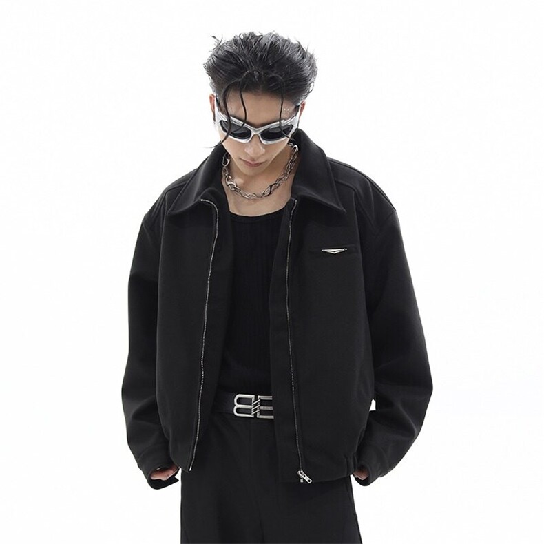 W9231-P75网图现货春季新款翻领夹克小众金属垫肩拉链呢子外套,男装夹克,星座1608-2