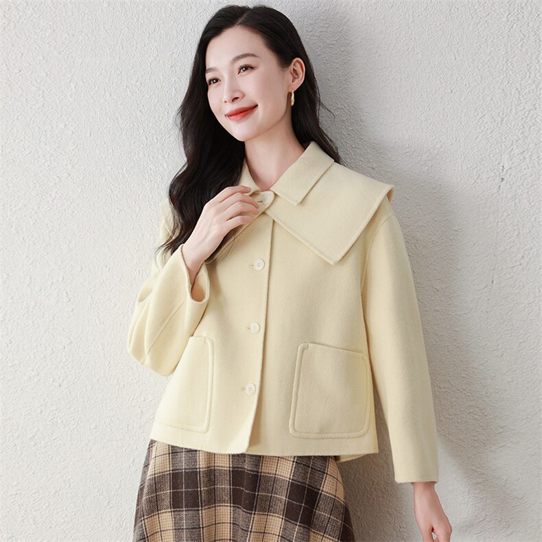 时尚百搭短款娃娃领双面羊毛大衣优雅显瘦温暖舒适,女装双面呢大衣,阿舍尔精品