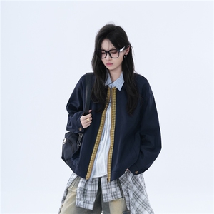 6809-P61 美式复古情侣款拼接格子外套春秋高级感百搭高街痞帅图片