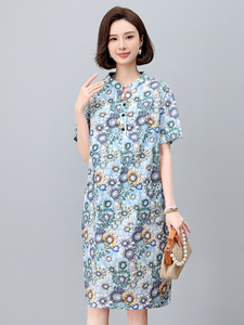 碎花连衣裙2025新款夏季纯棉超火宽松显瘦直筒裙中年妈妈休闲裙子图片