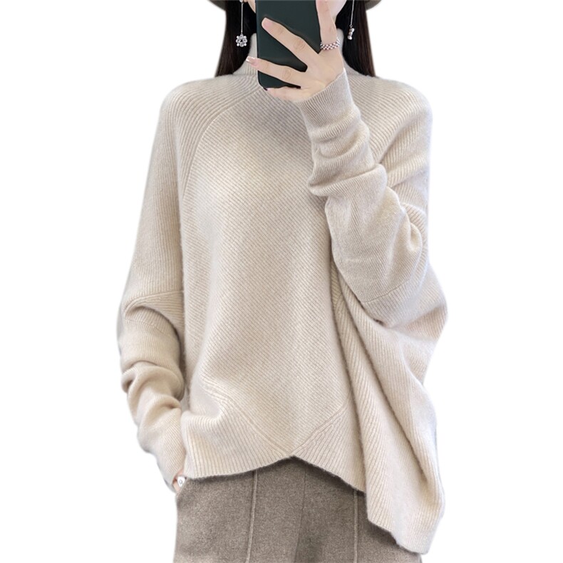 宽松慵懒风100%纯羊毛衫女高领加厚不规则长袖毛衣打底羊绒衫上衣,女装羊毛衫,迅太羊绒