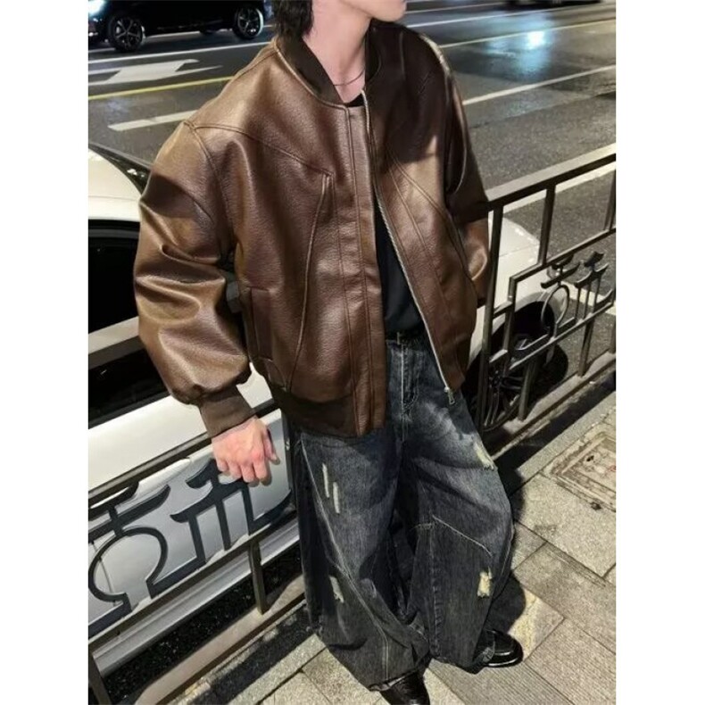 网图美式短款飞行PU皮夹克男秋季解构倒三角设计感外套痞帅,男装夹克,四季星座505