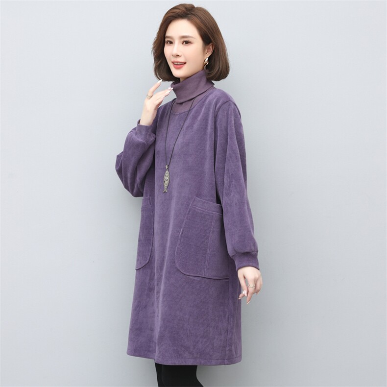 灯芯绒连衣裙秋冬女士2023新款韩版宽松中长款加绒加厚高领卫衣裙,女装连衣裙,涵誉