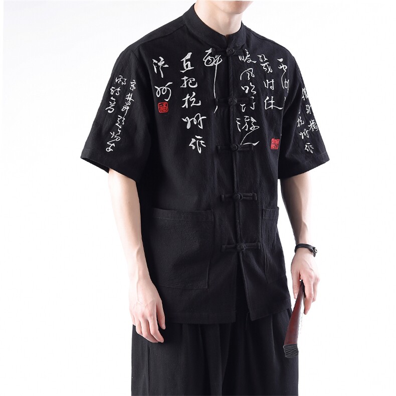 夏季风棉麻刺绣中式书法汉字短袖T恤衬衫T2881-P65,男装T恤,电商A021