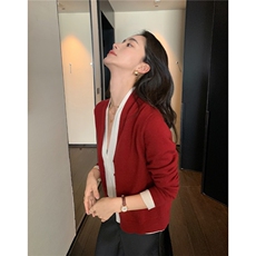 2025秋冬百搭时尚假两件开衫拼色舒适，女装羊绒衫，玛卡隆羊绒