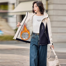 时尚拼色加棉加厚派克服外套女2025秋冬新款宽松保暖百搭连帽外套，女装棉衣/棉服，悦祺