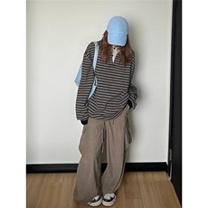 BN32-P74假两件长袖t恤女秋季美式复古宽松情侣卫衣polo领撞色，男装T恤，电商B323A