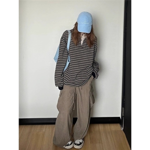 BN32-P74 假两件长袖t恤女秋季美式复古宽松情侣卫衣polo领撞色图片