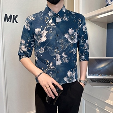 店主风社会小伙男士印花中袖衬衫男痞帅衬衣301A-1/CS581/P55，男装衬衫，星座301A-1