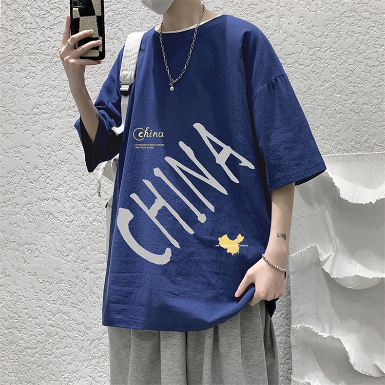 YT26208-P30亚短袖t恤男大码五分袖男宽松七分袖港风模特,男装T恤,电商A040