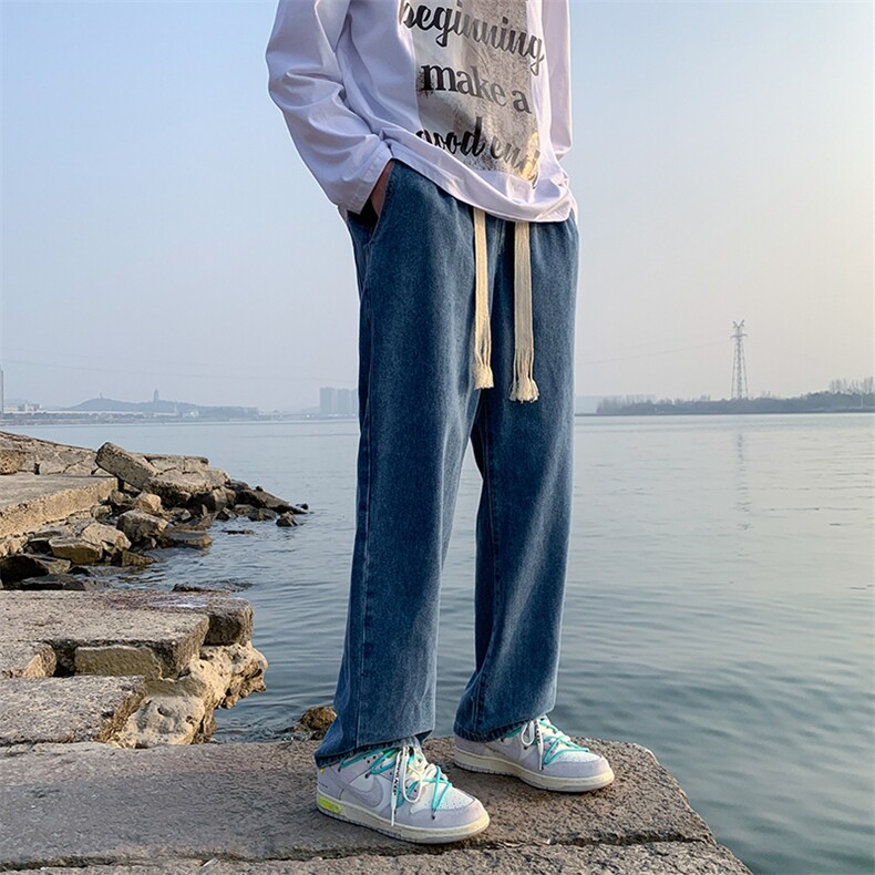 2024春秋季高品质男女款拖地牛仔裤个性宽编织带腰绳图片