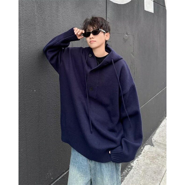 慵懒氛围感半开衫连帽毛衣男秋冬宽松休闲套头针织衫上衣M6041,男装针织衫/毛衣,星座506
