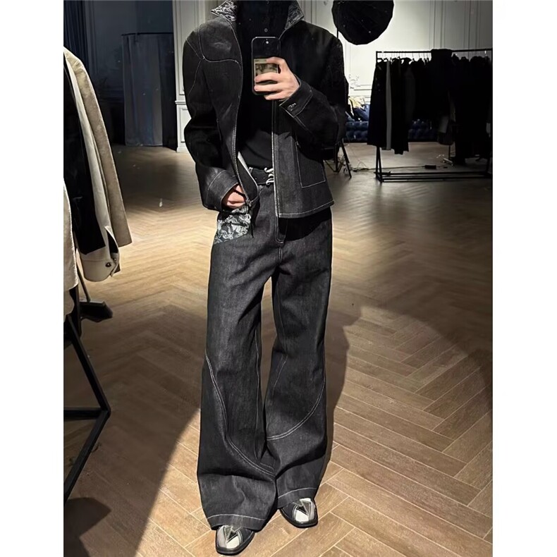 现货复古微喇蛇迹弯刀牛仔裤男生美式cleanfit提花拼接直筒裤网图,男装牛仔裤,星座302B