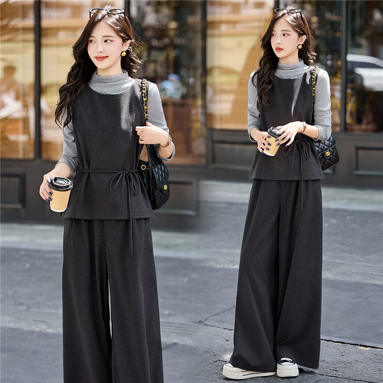 春秋套装裤女2025新款复古小香风绑带收腰打底衫马甲阔腿裤套装裙，女装套装/套裙，冬木谷雨