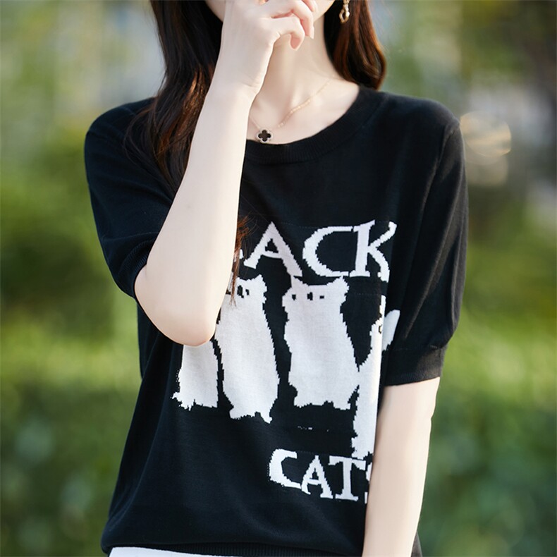 法式正肩冰丝提花针织短袖T恤女2025夏薄简约宽松显瘦小衫t恤上衣，女装T恤，斯美雅电商供货