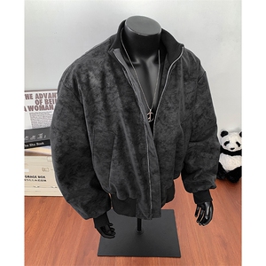 美拉德羊羔绒棉服男款冬季加绒加厚保暖棉衣美式PU皮工装夹克外套图片
