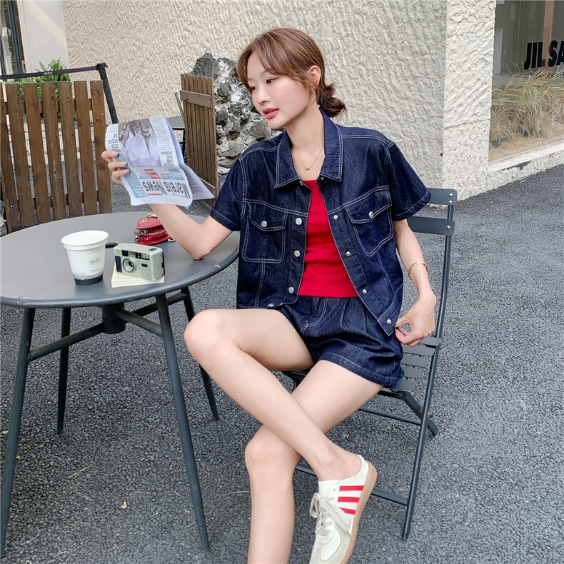 2025夏季女宽松显瘦新款淡人时尚休闲百搭牛仔外套吊带短裤三件套,女装套装/套裙,2D045