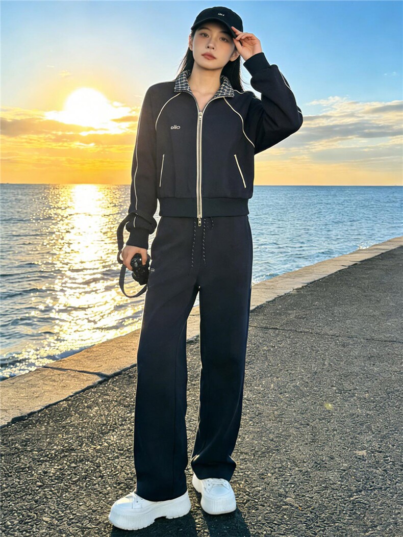 韩版休闲运动套装秋季新款女时尚减龄纯色立领卫衣直筒长裤两件套,女装套装/套裙,江南