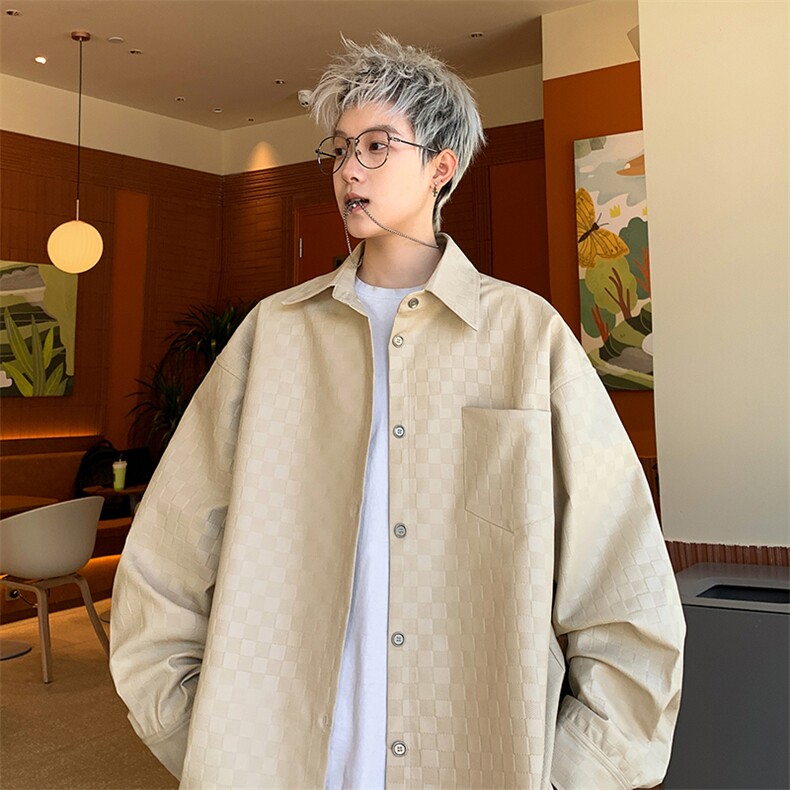 新款韩系潮流棋盘格皮衣休闲衬衣复古外套PC304-P75-控118,男装衬衫,星座310A-3