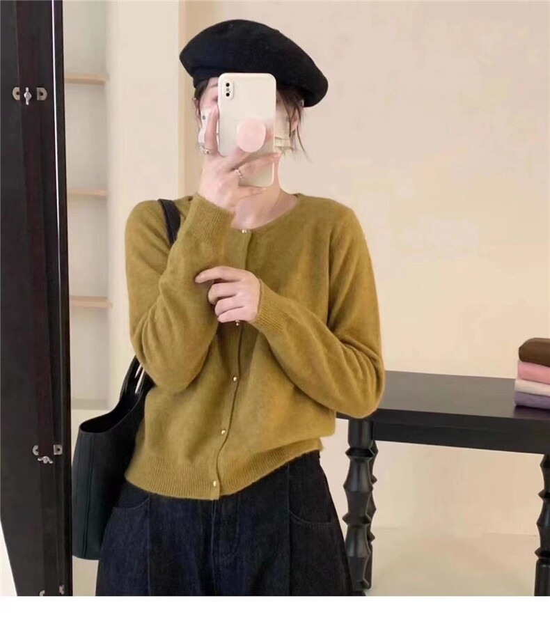 秋冬圆领长袖纯色开衫女宽松百搭休闲针织毛衣外套上衣图片