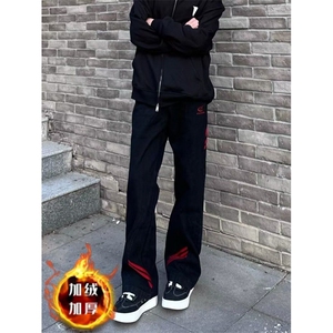 加绒加厚休闲裤长裤子直筒裤潮流韩版男士修身运动裤弹力宽松百搭,长款黑马甲搭配鞋图片图片