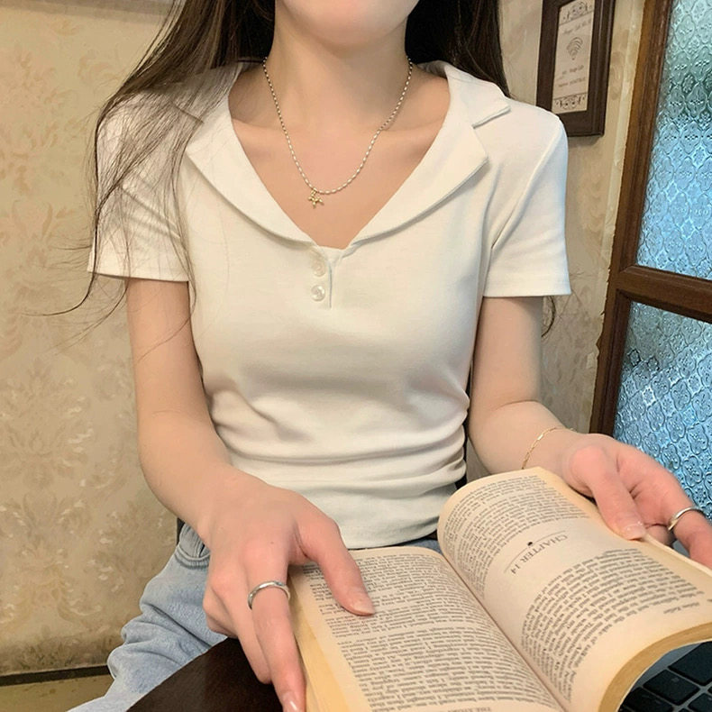 夏季法式Polo翻领正肩收腰遮肉短袖显瘦上衣,女装T恤,湘姗