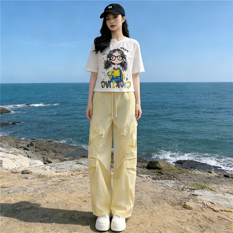 甜美时尚休闲套装女夏季新款圆领卡通印花T恤宽松工装长裤两件套,女装套装/套裙,江南