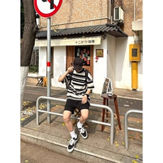 DW58-P45条纹短袖T恤男撞色半袖男夏季宽松五分袖上衣-网图现货，男装T恤，星座603-2