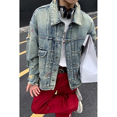 春秋季美式高街机车牛仔外套男款水洗做旧潮牌宽松休闲拉链夹克，男装工装外套，星座1013