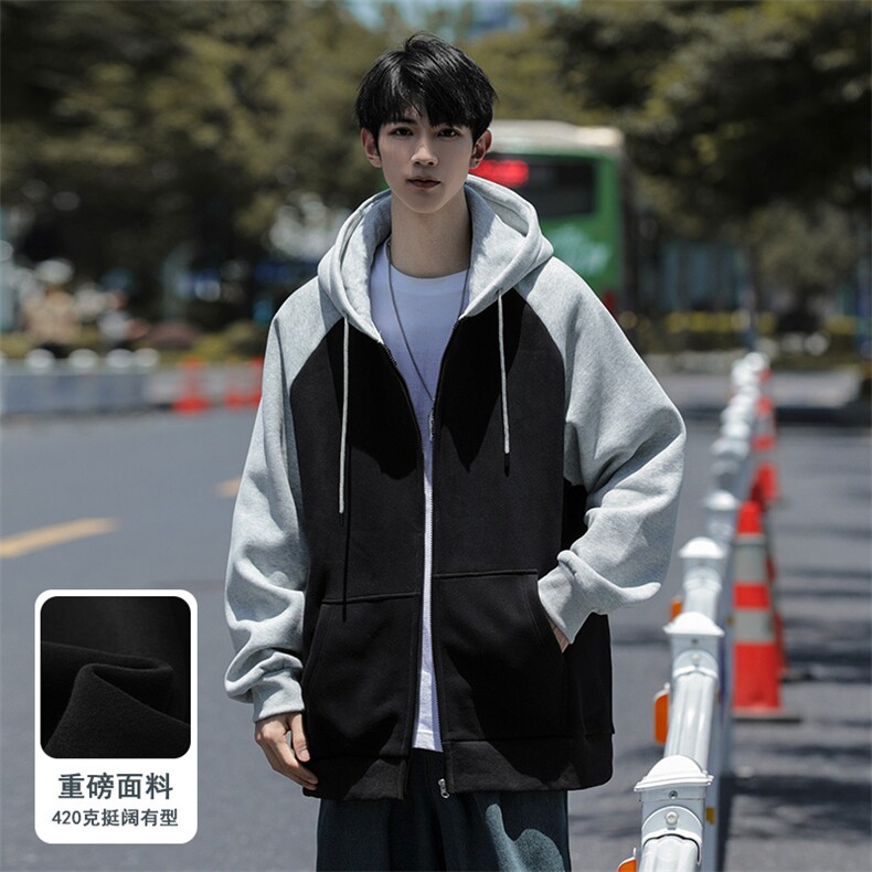 主推M-6XL大码420克重磅华棉秋季连帽拼色开衫卫衣109-W23618-P60图片
