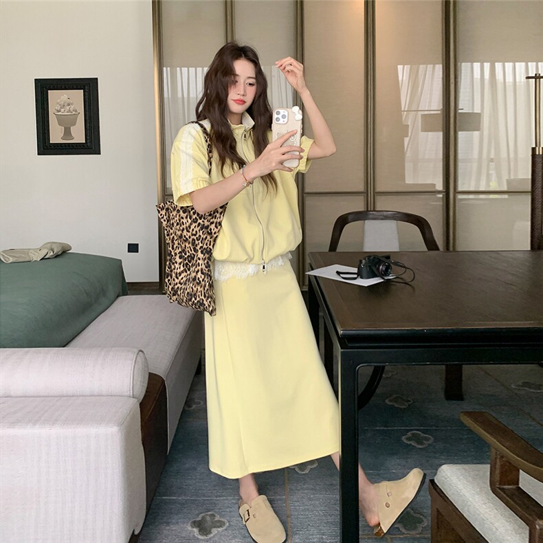 黄色蕾丝拼接套装裙女2025夏季新款韩系穿搭上衣半身长裙两件套,女装套装/套裙,2C129