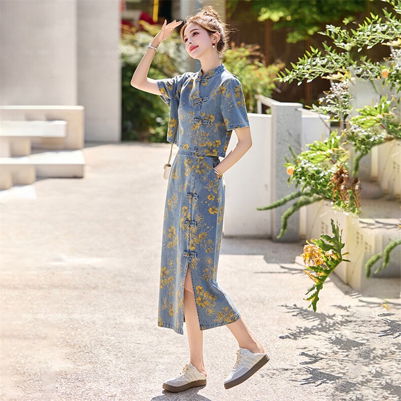 新中式盘扣牛仔套装裙女2025年夏季新款复古印花半身裙两件套,女装套装/套裙,关键词