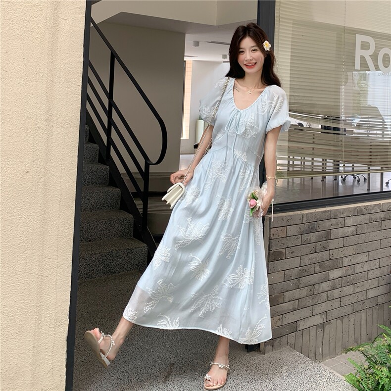 法式浪漫刺绣系带连衣裙女2025年夏季新款甜美泡泡袖气质显瘦长裙,女装连衣裙,慧尚2-185