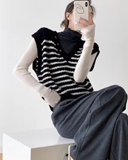 纯毛女士秋冬保暖黑白条纹V领带扣马甲，女装马甲，洁纯羊绒