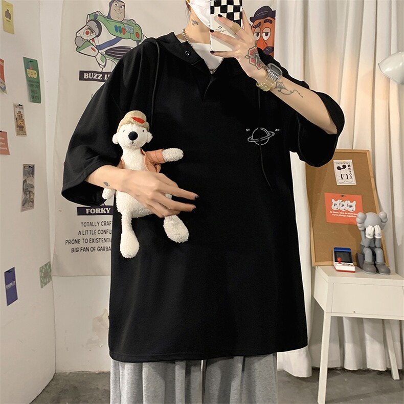 LD54238-P45连帽短袖t恤男大码胖子带帽五分袖中袖海报风,男装T恤,电商A040